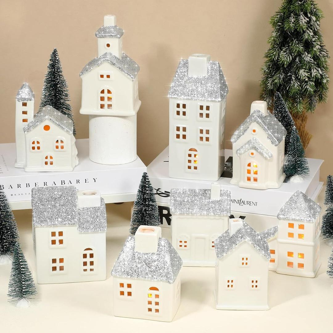 Leitee 22 Pcs Ceramic Christmas Village Set Include 9 Village Houses 13 Christmas Trees for Xmas Scene Decor Winter Holiday Party Figurine Tabletop Decoration(Silver Roof)