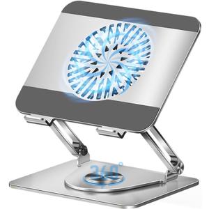 360 Rotating Adjustable Laptop Stand with Cooling Fan, Foldable Dual-Bar Support Height Tilt Angle Cooling Laptop Stand for Desk Pad Laptop Riser Heat Dissipation Stand Fit 10-17.3" Device