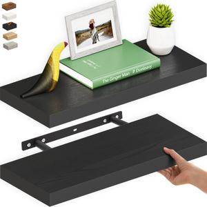 Ballucci Floating Shelf, 2-Pack 24" Black Floating Shelves for Wall, Wood Wall Shelf for Home Décor, Floating Shelves for Bathroom, Living Room, Bedroom, 8" Deep Wall Shelves