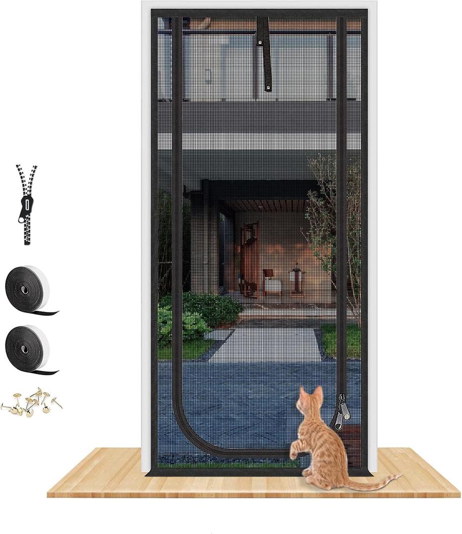 Reinforced Cat Screen Door,Fits Door Opening Size 34''x 81'',Thickened Cat Resistant Mesh Screen Door for Living Room,Kitchen,Bedroom,Cat Proof Screen with Zipper Closure. (Black)