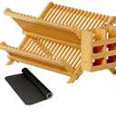 Greenual Bamboo Dish Drying Rack with Utensil Holder, 2 Tier Collapsible Dish Rack, Wooden Dish Racks for Kitchen Counter, Folding Drying Holder with Absorbent Dish Drying Mat