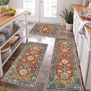 HEBE Boho Kitchen Rug Sets 3 Piece with Runner Non Slip Kitchen Rugs and Mats Washable Kitchen Mats for Floor Thick Kitchen Floor Mat Carpet Runner Rugs for Hallway Laundry Holiday Decor (20"x32"+20"x48"+20"x59", Red/Coffee)