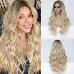 Blonde Wig for Women Long Wavy Blonde Wig Middle Part 26 Inch Wigs Heat Resistant Synthetic Wig for Daily Use