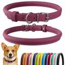 Leather Dog Collar, Soft Padded Round Puppy Collar, Handmade Genuine Leather Collar Dog Small Large Cat Collars 13 Colors (11-14 Inch, Pink Smooth)