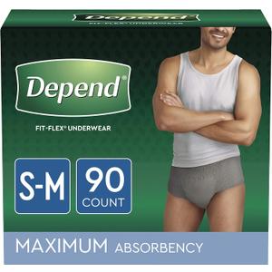 Depend FIT-FLEX Incontinence Underwear for Men, Maximum Absorbency, Disposable, S/M, Grey, (Packaging May Vary), 30 Count (Pack of 3)