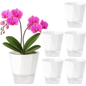 5 Pack Self Watering Plant Pots 6.7 Inches Self Watering Planters for Indoor and Outdoor Plants African Violet Self Watering Pots Clear Pots for Plants Herb Orchid Flower Houseplant Pots, White