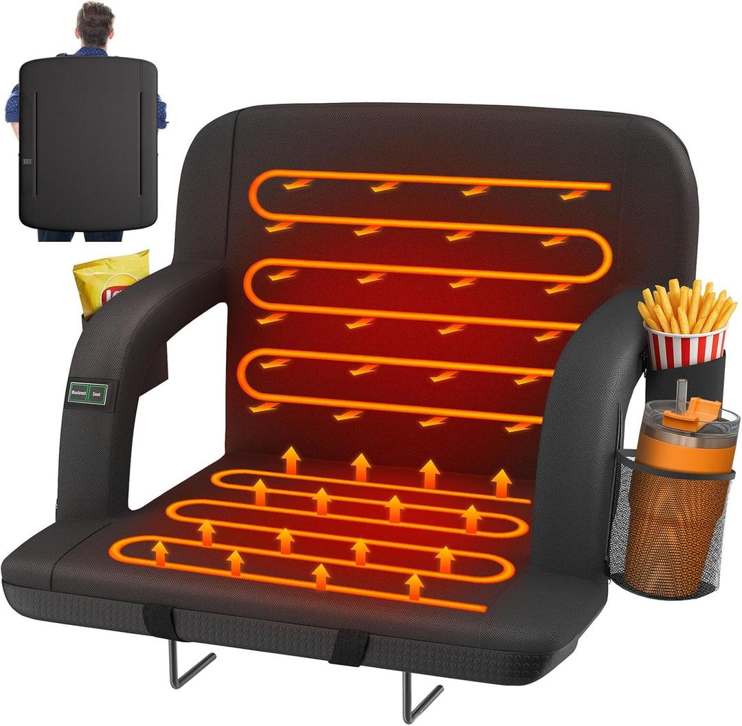 HOPERAN Dual-Sided Heated Stadium Seats for Bleachers with Back Support, 3 Levels Heating Stadium Seating for Bleachers Seat with Backrest, 5 Pockets Portable Stadium Chair for Outdoor (Black), Size: 25"