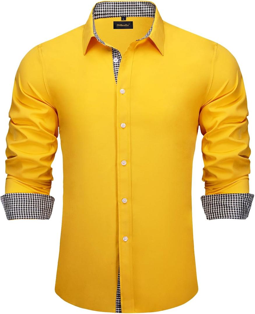 DiBanGu Mens Stretch Dress Shirt Long Sleeve Button Down Shirt Cotton Business Casual Shirts with Inner Contrast Wedding Prom (Yellow, XXXL)