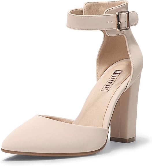IDIFU Women's IN4 Pedazo High Block Heels Pumps Pointed Closed Toe Ankle Strap Dress Wedding Shoes (8, Beige)