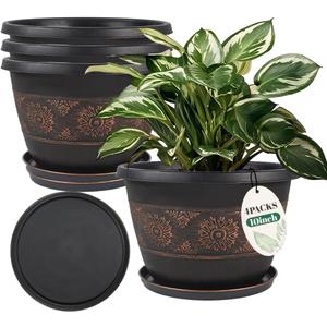 4 Pack 10 inch Plant Pots, Retro Pattern Planters with Drainage Holes and Saucer, Sturdy Plastic Garden Flower Pots for Indoor & Outdoor Plants (Copper)