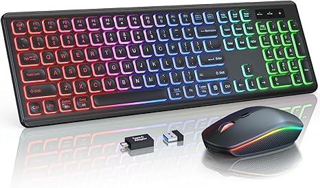 Wireless Keyboard and Mouse Combo, RGB Backlit, Rechargeable & Light Up Letters, Full-Size, Soft Typing, Sleep Mode, 2.4GHz Quiet Keyboard Set for Mac, Windows, Laptop, PC, Trueque (Black)