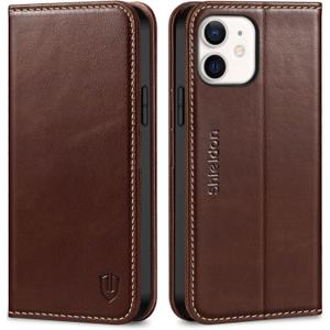 SHIELDON Case for iPhone 12 6.1", Genuine Leather Wallet Magnetic Book Protection Cover, Kickstand RFID Blocking Credit Card Holder Compatible with iPhone 12/12 Pro - Retro Coffee