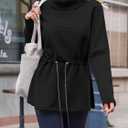 Fisoew Women's Turtleneck Sweatshirts Fleece Drawstring Waist Casual Long Sleeve Pullover Sweater Side Slit Tunic Tops (Black)