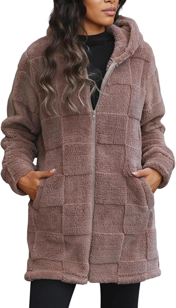 LKOUS Fleece Jacket women,Oversized Zip Up Long Sherpa Hoodie Fuzzy Warm Winter Teddy Coat with Pockets XXL