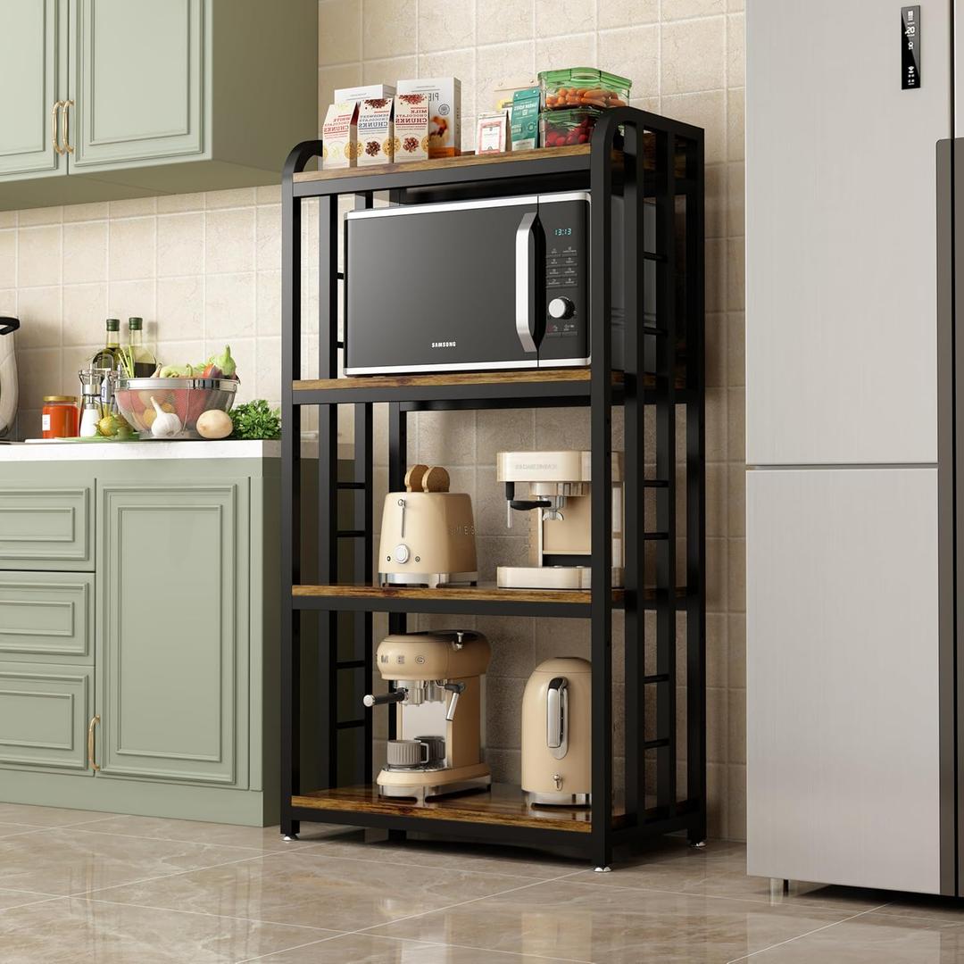 4-Tier Kitchen Baker's Rack with Rolling Wheels, Microwave Oven Cart Stand, Adjustable Utility Shelving Storage Unit, Heavy Duty Organizer Rack for Living Room, Garage, Home and Office(Brown), Medium to Large