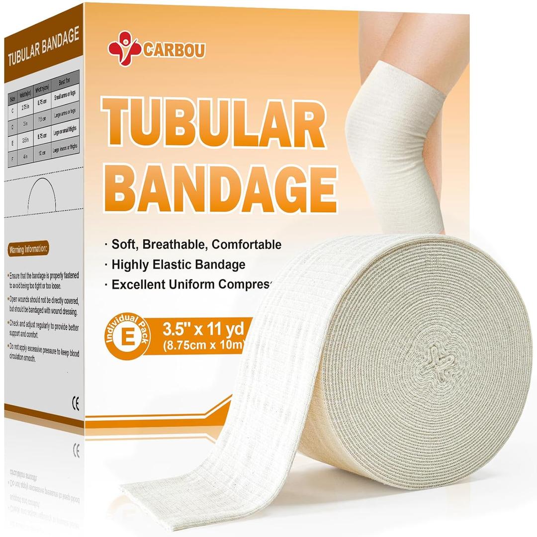 Carbou Elasticated Tubular Support Bandage 3.5" x 11 yd (Size E), Soft Stockinette Tubing for Legs, Arms, Knees, Thighs, Reusable Compression Support Bandage Roll for Joint Tissue