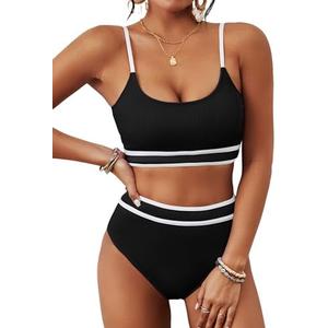BMJL Women's High Waisted Bikini Ribbed Two Piece Swimsuit High Cut Color Block Adjustable Straps Bathing Suit, Large