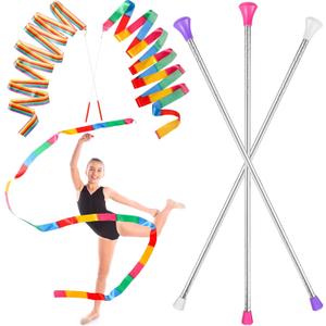 HyDren 5 Pcs Stainless Steel Twirling Baton with Dance Ribbons Rainbow Streamers Ribbon Dancer Wand Center Balanced Batons for Twirling for Dancing Band Gymnastic (26 Inch)