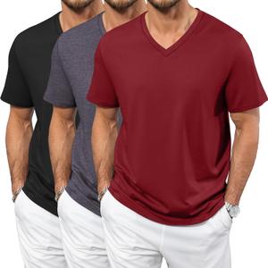 Neer 3 Pack Men's Big and Tall T-Shirts Casual V Neck Short Sleeve 30% Cotton Tee Shirt Summer Basic Soft Fitted Solid Tops (Medium, Black, Dark Mixed Gray, Red)