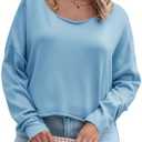 Women's Long Sleeve Boat Neck Sweatshirts Basic Relaxed Fit Pullover Tops with Raw Edge (Light Blue,Small) (Blue, S)