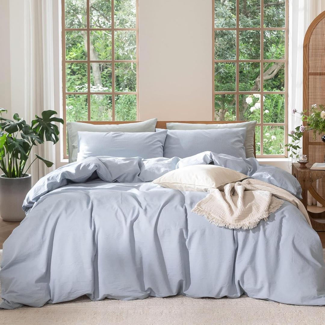 MooMee Bedding Duvet Cover Set 100% Washed Cotton Linen Like Textured Breathable Durable Soft Comfy (Heathered Cornflower Blue, Queen 90"x90")