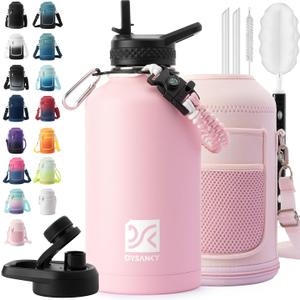 Insulated Water Bottle | Thickened Stainless Steel Vacuum Metal Thermos | Portable Sports Half Gallon Large Water Jug for Gym and Hiking with Straw, Carrier Bag, Handle Strap | BPA-Free 64 oz (Pink)
