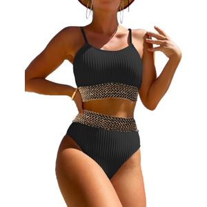 Women's High Waisted Swimsuit Two Piece Ribbed Bikini Sets Crop Top High Cut Cheeky Bathing Suits (Medium, Black Gold)