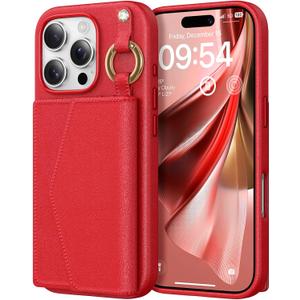TAURI for iPhone 16 Pro Max Case, Removable Magnetic Wallet Case with Card Holder, [Compatible with MagSafe] Durable PU Leather Phone Case with Wireless Charging, Red