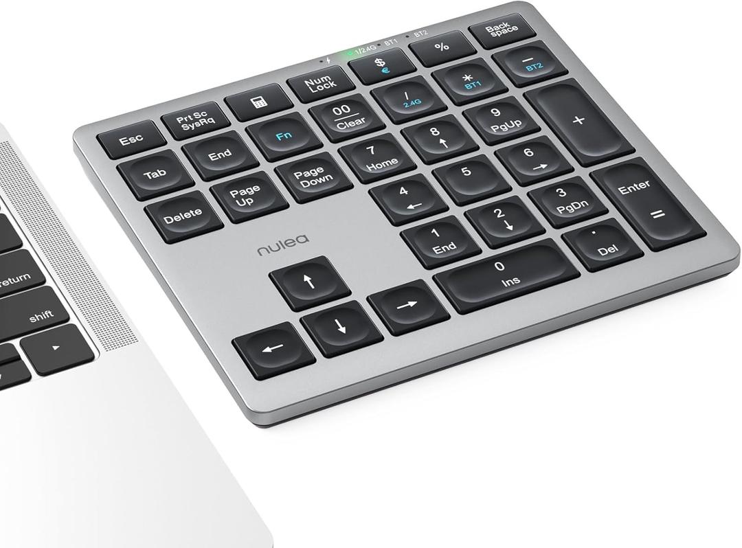 Nulea Wireless Number Pad Bluetooth 5.0 & 2.4G Portable Numeric Keyboard, USB-C Rechargeable, 34-Keys Bluetooth Keyboard for Data Entry, Compatible for Laptop, Mac, iMac, Tablet, PC Desktop