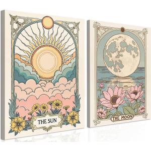 Sun and Moon Celestial Wall Art Set of 2, Vintage Tarot Astrology Wall Decor, Sun Flower and Full Moon Lotus Poster Canvas Painting Prints Picture for Bedroom Living Room 12x16 inch Framed