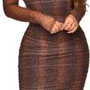 MOEENCN Sexy Long Sleeve Midi Dress for Women Sheer Mesh Printed 2 Piece Skirt Set Crew Neck Bodycon Party Clubwear Dresses (Medium, Beige)