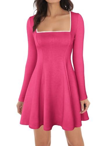 Lrady Womens Square Neck Bodice Dress Long Sleeve Flare A Line Club Party Mini Ruffle Swing Short Dresses, Hot Pink, Medium