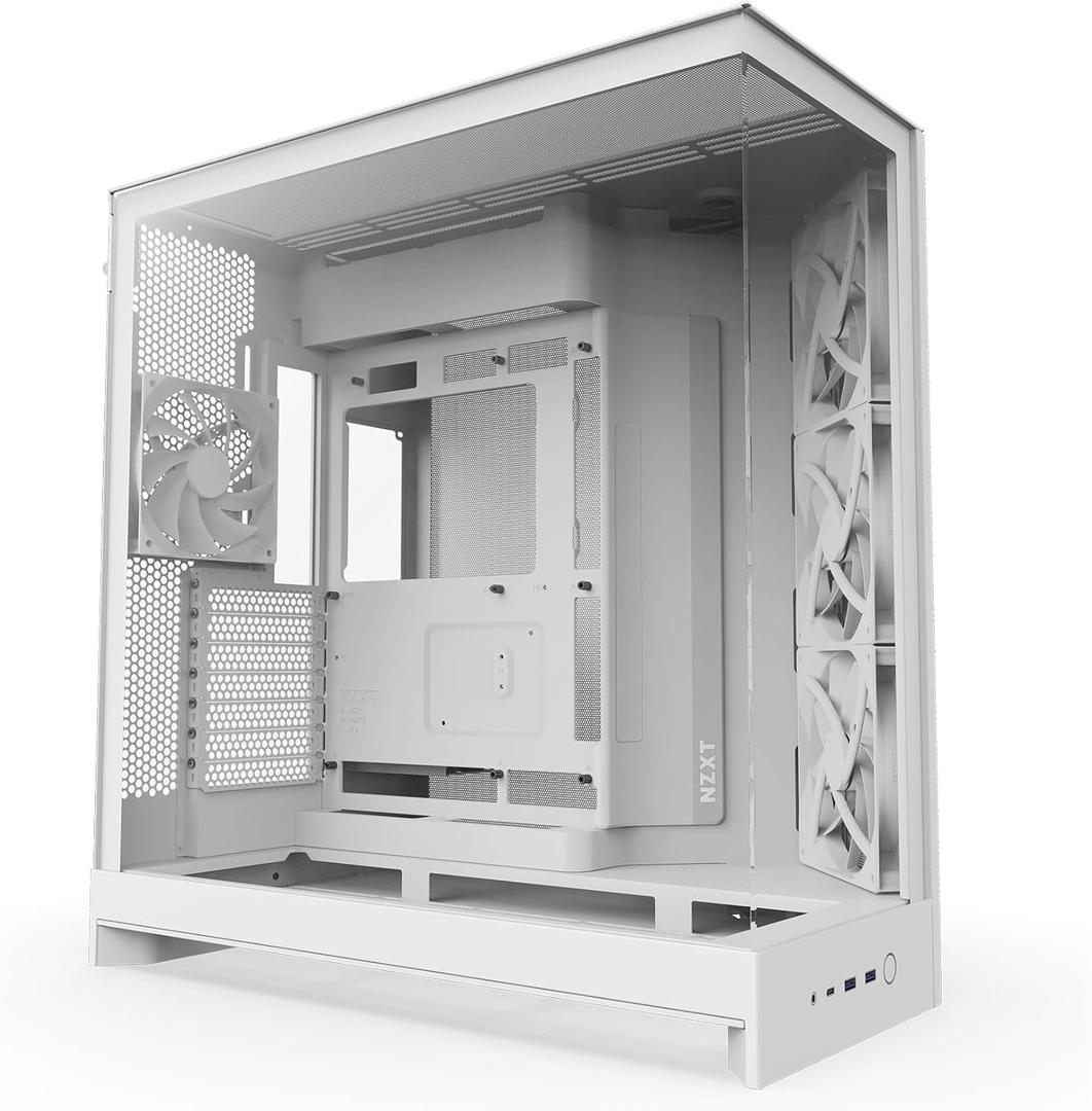 NZXT H9 Flow (2025)  Large Dual-Chamber ATX Mid-Tower Airflow PC Case  Includes 3 x 140mm & 1 x 120mm Fans  420mm Radiator Support  Tempered Glass  Back-Connect Ready  White (Non RGB Fans)