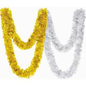 BLEUM CADE 2Pcs 65.6Ft Silver and Gold Tinsel Garland, Christmas Tinsel Garland for Xmas Tree St Patricks Day Decorations Holiday Birthday Wedding Party Supplies (2 Pcs)