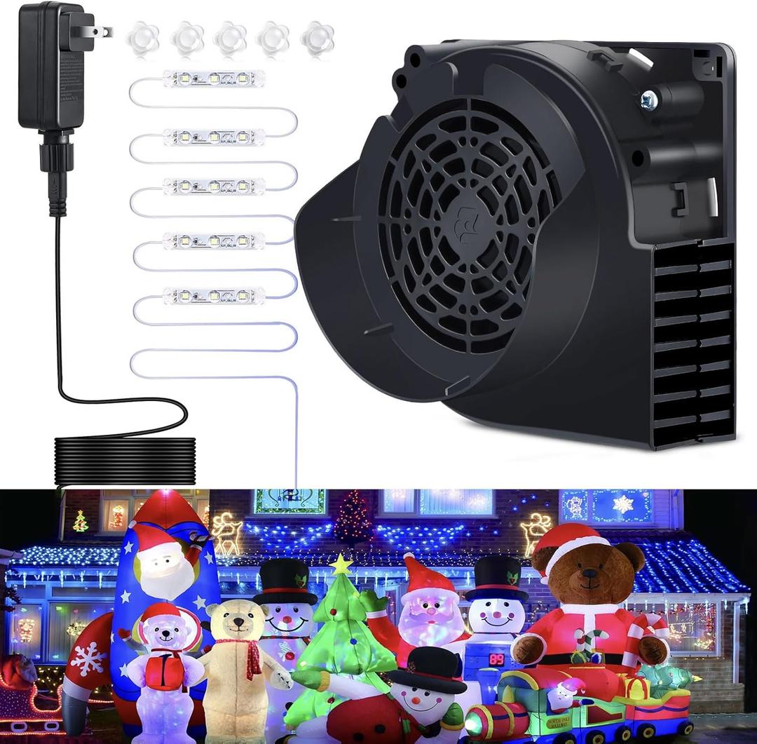 Inflatable Replacement Blower 12V 1.2A Replacement Fan Motor with 5 LED Light Strings for Halloween Inflatable Costume Christmas Yard Inflatable Blow for Outdoor Holiday Inflatables Decoration