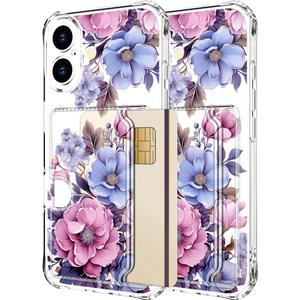 Hungo Compatible for iPhone 17 Case Wallet with Card Holder,Ultra Thin Slim Cute Girly Skin Cases Protector with Airbag Bumper for Women Girls (Clear Pink Floral Anemones)