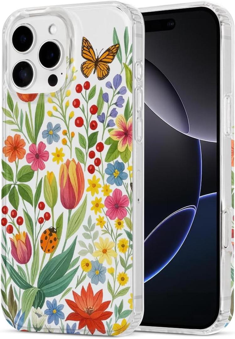 Compatible with iPhone 16 Pro Clear Case, Trendy Cute Floral Flowers Slim Anti-Yellowing TPU Shockproof Aesthetic Protective Phone Case Cover for Women Girls 6.3",in the Gardan