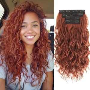 Clip in Hair Extensions,LEOSA 4PCS 16 inch Curly Hair Extensions Short Soft Natural Hairpiece Lace Weft Curly Wave Clip Ins Extensions Invisible for Women,Ginger Copper Red