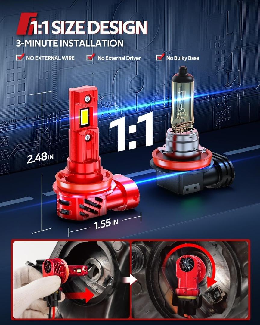 Torchbeam H11 Bulbs Kit,45000 LM, 800% Superior Brighter H11/H8/H9 Fog Bulbs, [Build-in Canbus Decoder] 6500K Cool White Light with Fan, Plug and Play, Pack of 2