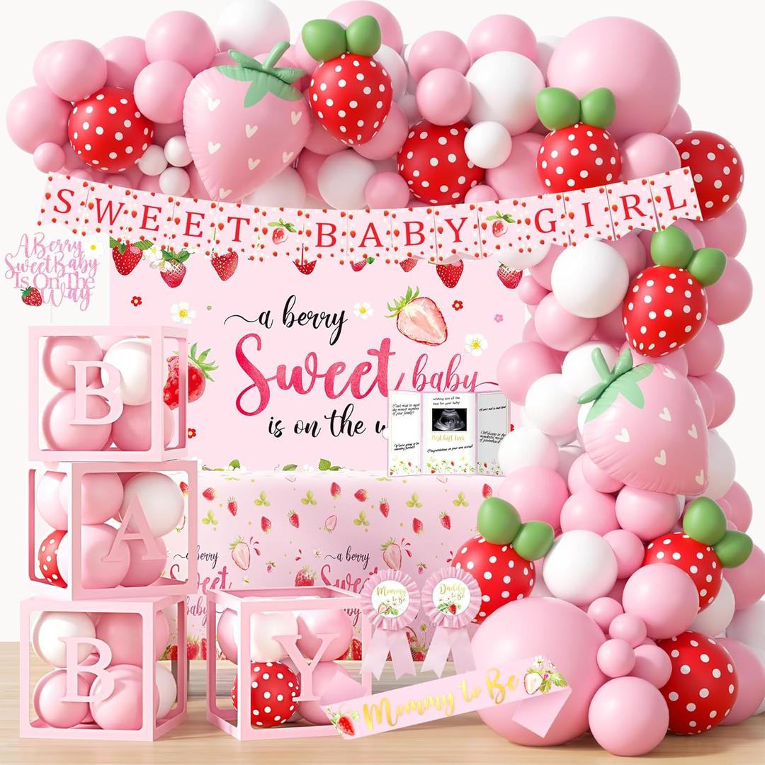 Strawberry Baby Shower Decorations, A Berry Sweet Baby Is On The Way Party Supplies, It's a Girl Gender Reveal, Backdrop Balloon Arch Box Mom to Be Sash Dad to Be Pin Tablecloths Cake Topper