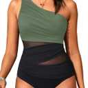 Aqua Eve Women Mesh One Piece Swimsuit - Tummy Control One Shoulder Bathing Suit Cut Out Swimwear 2025 (X-Large, Olive Green)