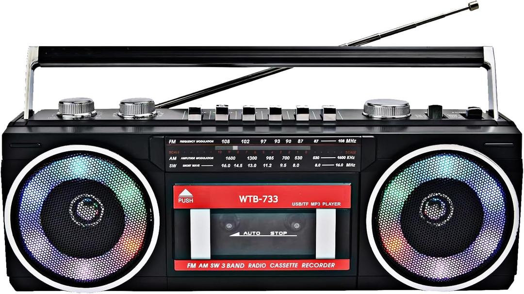 Retro 80's Cassette Player Recorder with AM/FM/SW Radio, Bluetooth Boombox, USB, Built-in MIC for Voice Recording, RGB Colorful Lights, Headphone Jack, AC or Battery Powered