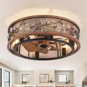WWM 20" Low Profile Flush Mount Fandelier Ceiling Fan with Lights  Farmhouse Style, DC Motor Fixes Flickering, Reversible Motor, 6 E12 LED Bulbs Included, Remote Control, Quiet & Energy-Efficient (20-in Walnut Crystal)