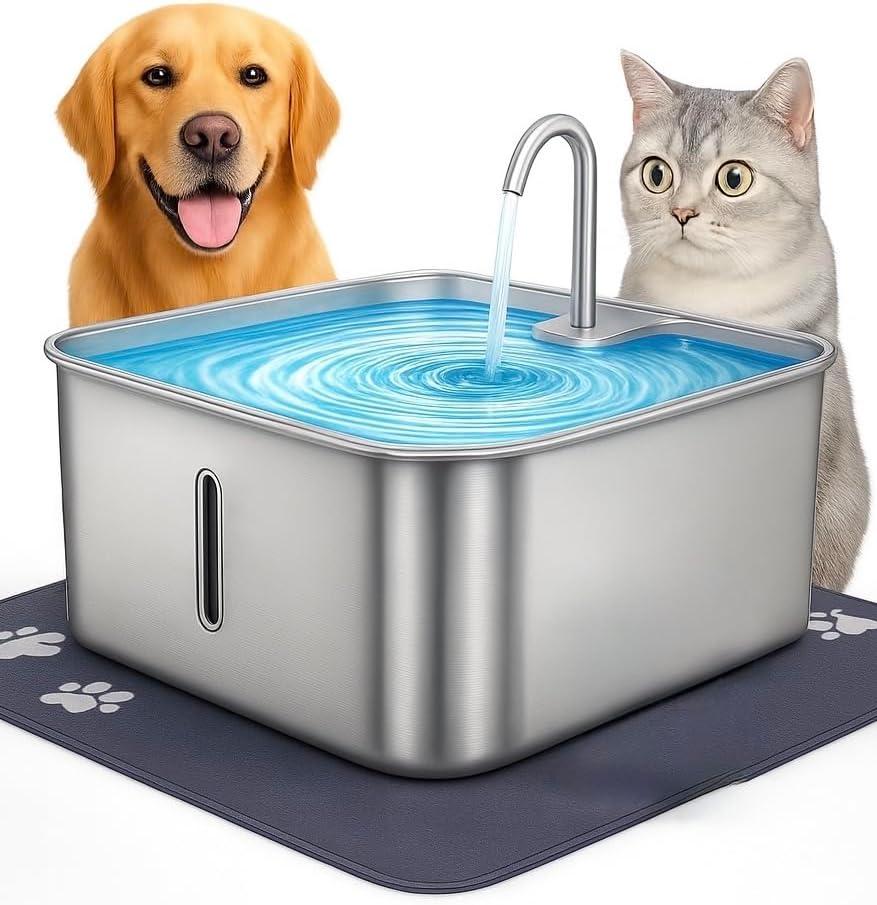 Stainless Steel Cat Water Fountain 7L with Waterproof Mat  Large Dog & Multi-Pet Automatic Drinking Fountain, Quiet Pump, 3-Stage Filtration & LED Water Window