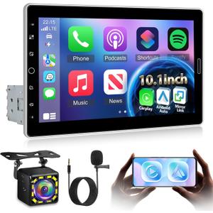 NHOPEEW Single Din 10 Inch Touchscreen Car Radio with Wireless Carplay and Android Auto - Detachable IPS Screen Car Stereo - Bluetooth/AM/FM/Mirror Link/SWC + 12leds Backup Camera & Microphone