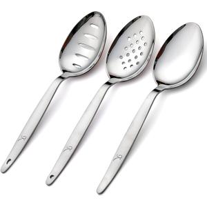 3-PCS Kunz Spoon | 9 Inch 18/10 Stainless Steel Serving Spoons Set Include Serving Spoon, Slotted and Perforated Spoons, Perfect for Basting, Plating, Quenelle, Sauces (Regular Set)