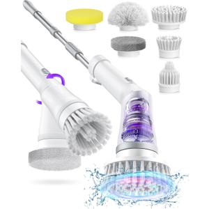 Electric Spin Scrubber, Cordless Shower Scrubber Rotary Floor Brushes & Pad Drivers with 6 Brush Heads - 2H Dual Speed, IPX7 Waterproof Extension Handle for Bathroom Tile Car Cleaning (White)