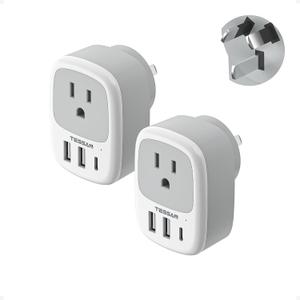 2 Pack New Zealand Power Adapter, TESSAN US to Australia Plug Adapter with 1 Electrical Outlet 3 USB Ports (1 USB C), Type I Travel Outlet Adaptor for USA to Australian Argentina China Fiji AU