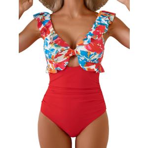 Aidonger Women's One Piece Swimsuit Tummy Control Ruffle Bathing Suit V Neck Ruched Swim Suit Slimming Cutout Swimwear (Red, M)
