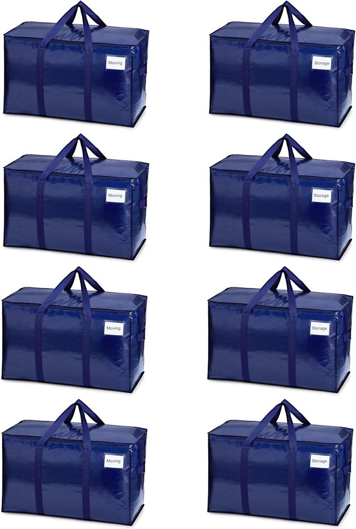 8 Pack Extra Heavy Duty Large Moving Bags with Strong Zipper & Comfortable Handles, Sturdy & Durable Clothes Storage Bags Totes Bins, Blue Packing Moving Boxes for College Supplies, Dark Blue